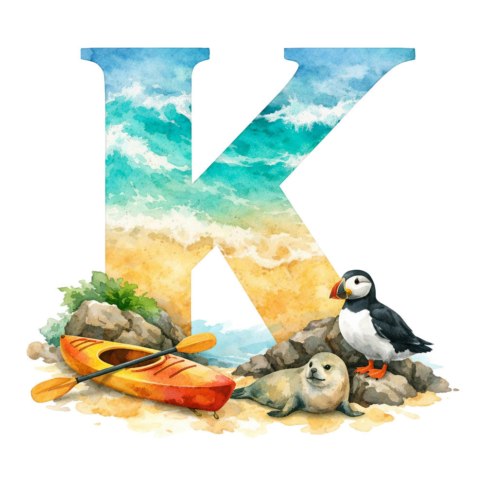 turquoise, aqua blue, sandy beige, ocean blue, cream white, coastal, beach, nautical, ocean waves, seaside, puffin, seal, kayak, paddle, rocks, whimsical, watercolor, summer, nature, wildlife, animals, birds, marine life, adventure, outdoor, scenic, tropical, illustration style, alphabet letter, monogram panel