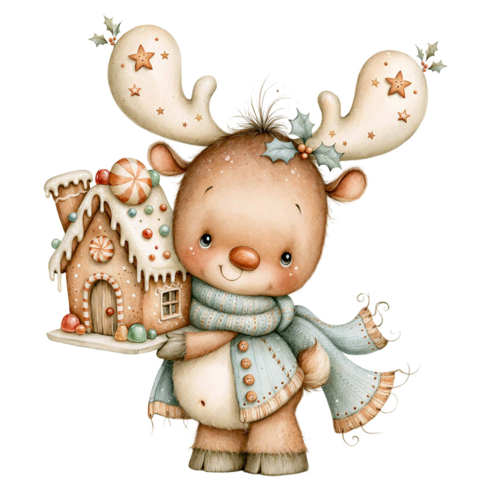 christmas moose, holiday reindeer, gingerbread house, festive animals, winter woodland, cream, tan, rust orange, sage green, copper, stars, holly, whimsical, cute, charming, baby nursery, children's theme, holiday theme, christmas theme, seasonal winter, sweater knit, cozy, traditional, playful, decorative panel, wall art, baby quilt, holiday decor, gentle illustration, storybook style
