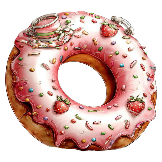 pink frosting, strawberry, sprinkles, donut, doughnut, dessert, food theme, whimsical, playful, candy colors, multicolor, sweet treats, pastry, bakery, colorful sprinkles, fun design, lighthearted, children's, kids fabric, novelty print, brown, coral pink, candy, confection, summer, cheerful, bright colors, decorative, cute motifs