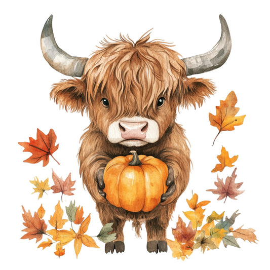 highland cow, autumn, fall, pumpkin, brown, cream, orange, gold, burnt orange, tan, maple leaves, oak leaves, nature, farmhouse, rustic, whimsical, animals, livestock, cottage core, harvest, seasonal, thanksgiving, folk art, charming, countryside, bovine, horns, cute, cozy, warm tones