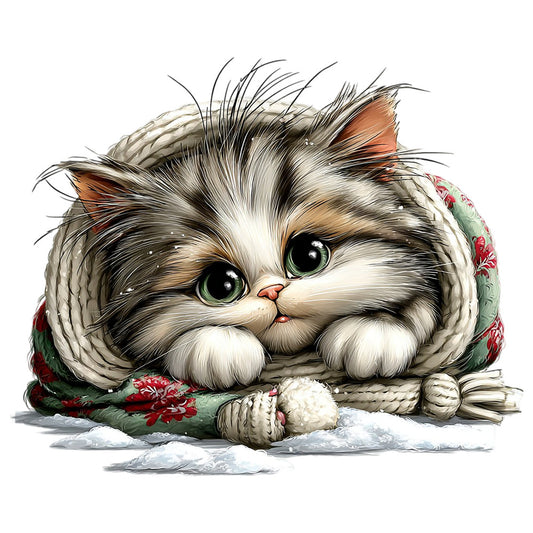fluffy cat, persian cat, green eyes, winter, snow, holiday, christmas, festive, whimsical, cute animals, tabby and white, rope bow, red floral, cream white, forest green, rust orange, cozy, decorative, seasonal, wrapped gift style, playful, charming, cottage core, traditional, detailed illustration, animal portrait, winter scene