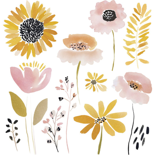watercolor flowers, sunflower, daisy, pink flowers, yellow flowers, botanical, floral, nature, garden, spring, summer, modern, whimsical, bohemian, dusty rose, blush pink, golden yellow, cream, sage green, black accents, delicate, artistic, hand-painted style, wildflowers, decorative, home decor, apparel, wall art, feminine, botanical illustration