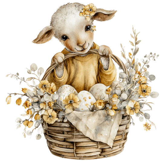 cream, tan, golden yellow, warm beige, soft brown, floral, animal, lamb, sheep, Easter, spring, baby, whimsical, pastoral, farmhouse, rustic, vintage, nature, eggs, basket, flowers, daisies, botanical, gentle, sweet, nursery, children's, soft pastels, countryside, traditional