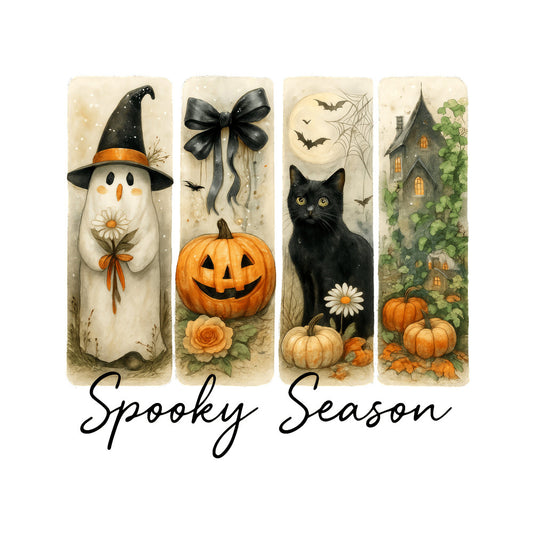 spooky season, halloween, autumn, fall, witch hat, black cat, jack-o-lantern, pumpkin, haunted house, bat, spider web, daisy, orange, black, cream, beige, tan, whimsical, vintage, folk art, seasonal, holiday, gothic, festive, watercolor, botanical, cottage core, trick or treat, october