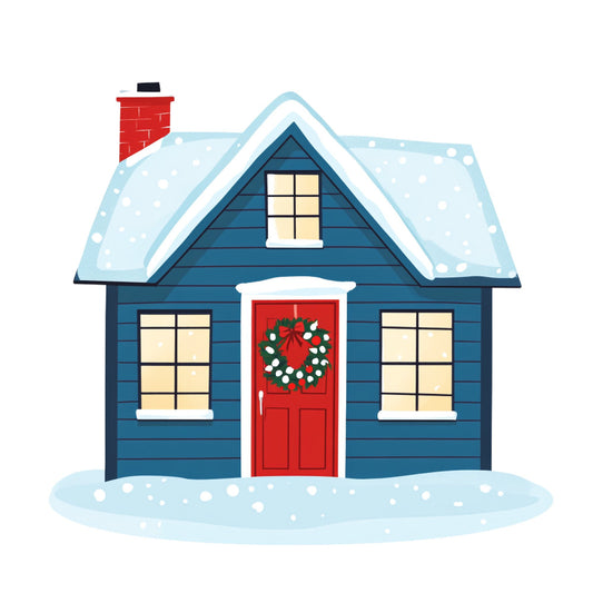 winter house, snowy cottage, holiday home, christmas house, red door, wreath, festive, navy blue, dark blue, red, cream, white, snow, winter scene, cozy cabin, seasonal, christmas, holiday, winter, cottage core, rustic, traditional, chimney, small house, decorated door, seasonal decor, winter wonderland, festive holiday