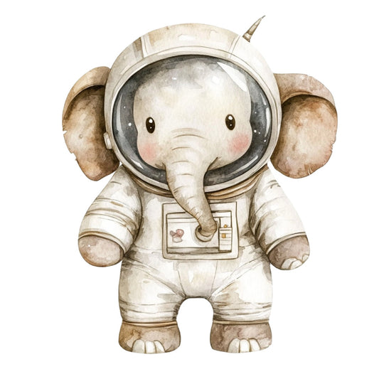 astronaut elephant, space exploration, whimsical animals, cute elephant, nursery, baby, children's, cream, beige, tan, brown, soft colors, watercolor style, illustration, storybook, adventure theme, space theme, vintage illustration, gentle, sweet, playful, animal motif, space suit, helmet, modern whimsical, nursery decor, baby quilt, wall hanging, boy's room, girl's room