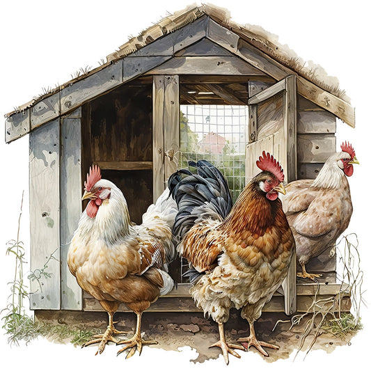 Watercolor Chicken Houses Fabric Panel 2