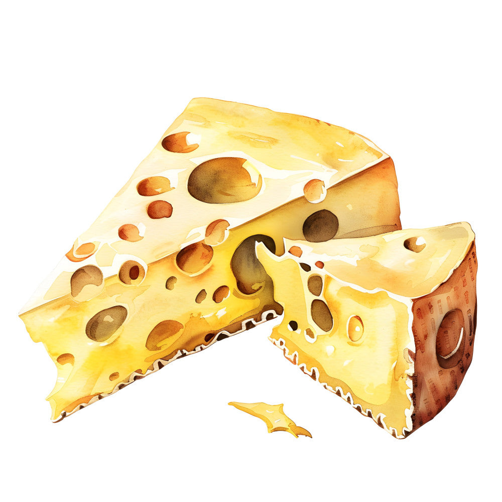 cheese, swiss cheese, holes, food, novelty, whimsical, cream yellow, golden yellow, tan, brown, rustic, kitchen, farmhouse, playful, fun, cute, children, food themed, culinary, adorable, quirky, humorous, illustration, watercolor, realistic, gourmet, deli, snack time, lunchtime, food and drink