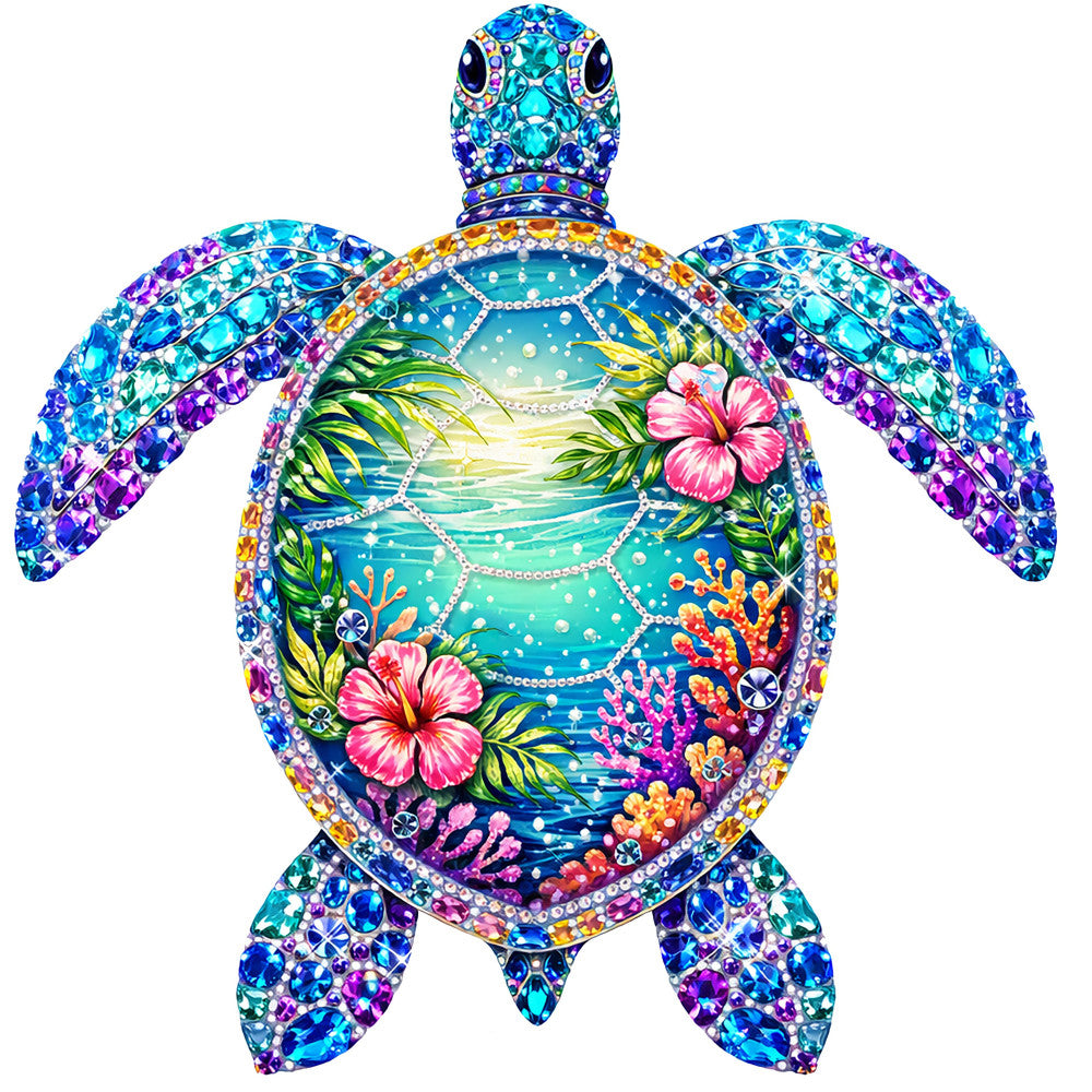 sea turtle, turquoise, coral pink, ocean blue, purple, jewel tones, floral, tropical, hibiscus, coral reef, nature, underwater, summer, beach, whimsical, ornamental, embellished, rhinestone, sea life, botanical, vibrant, colorful, coastal, island, nautical, wall art, home decor, decorative panel, fantasy, magical