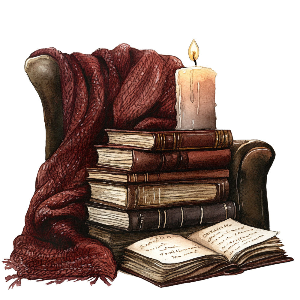 burgundy, wine red, cream, brown, gold, rust, vintage books, classic literature, reading, library, candlelight, cozy, traditional, elegant, literary, nostalgic, antique, scholarly, intellectual, home library, book lover, reading nook, lantern, candle, blanket, throw, study room, classic style, timeless, peaceful