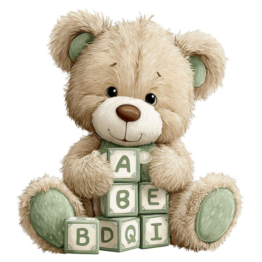 teddy bear, baby blocks, alphabet blocks, sage green, cream, tan, beige, soft green, children's, nursery, baby, animals, cute, whimsical, playful, gentle, soft colors, pastel green, learning theme, educational, gender neutral, baby shower, baby quilt, wall hanging, nursery decor, sweet, charming, illustration style, vintage teddy bear, storybook