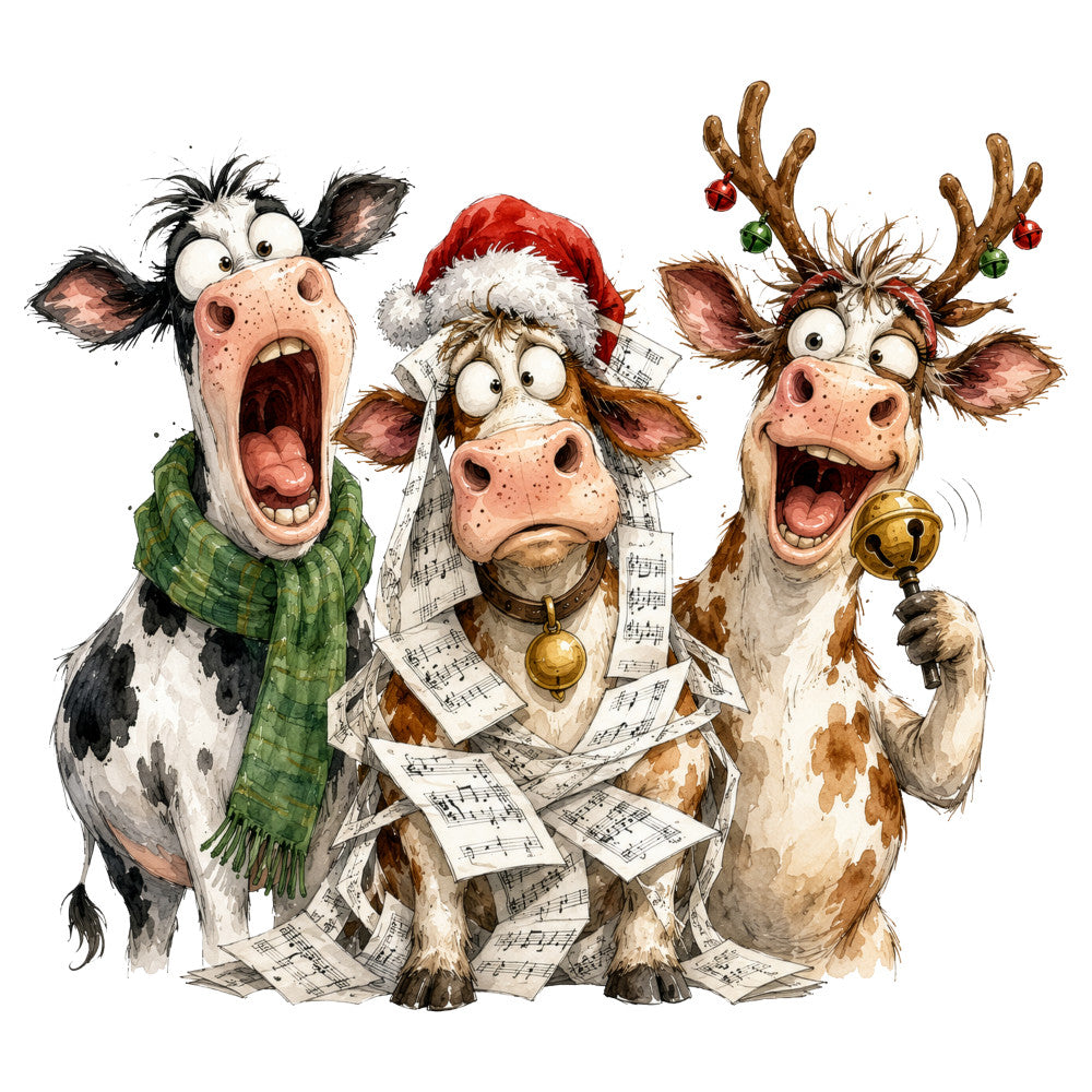 christmas, holiday, cows, animals, farm animals, festive, whimsical, humorous, funny, music notes, sheet music, santa hat, reindeer, jingle bells, red, green, cream, brown, tan, rustic, playful, cheerful, seasonal, winter, farmhouse, novelty, cartoon style, vintage, nostalgic, decorative