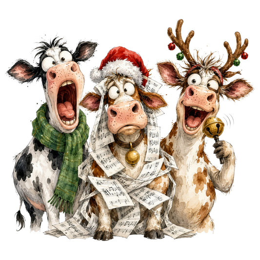 christmas, holiday, cows, animals, farm animals, festive, whimsical, humorous, funny, music notes, sheet music, santa hat, reindeer, jingle bells, red, green, cream, brown, tan, rustic, playful, cheerful, seasonal, winter, farmhouse, novelty, cartoon style, vintage, nostalgic, decorative