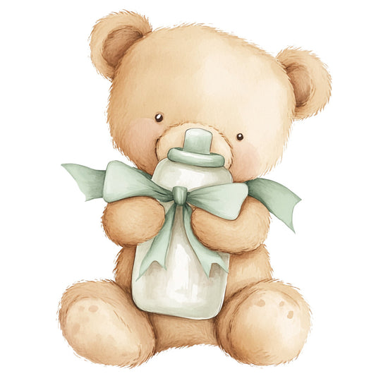 teddy bear, baby, nursery, soft pastels, sage green, cream, tan, beige, cute animals, whimsical, gentle, baby bottle, bow, ribbon, sweet, adorable, infant, children's, baby shower, new baby, softness, stuffed animal, comforting, delicate, baby quilt, crib bedding, children's room, playroom, soft colors, peaceful