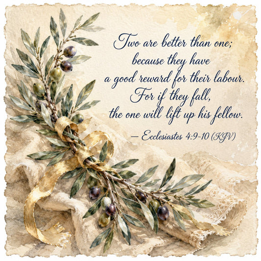 sage green, cream, gold, tan, beige, muted colors, botanical, floral, olive branches, scripture, inspirational, religious, faith-based, vintage, elegant, rustic, natural, earthy tones, watercolor, nature, olive branches with berries, peaceful, spiritual, traditional, timeless, taupe, soft colors, motivational quote, ecclesiastes, botanical illustration