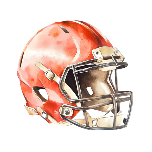 red, cream, tan, burnt orange, football helmet, sports, athletic, americana, team spirit, fan gear, game day, football fan, sports themed, helmet design, metallic accents, chrome details, realistic, illustration, contemporary, masculine, casual, fall, autumn, recreation, hobby, collectible, nostalgic