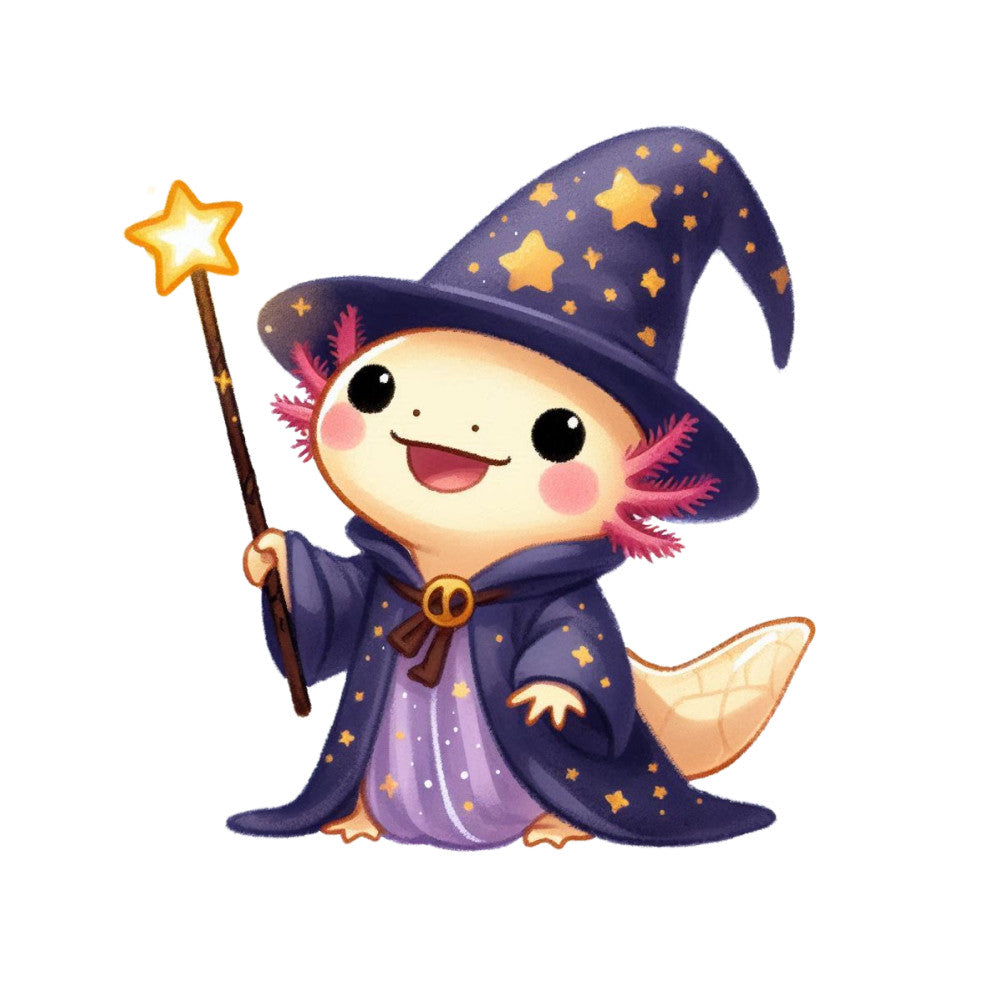 cute axolotl, cartoon character, wizard costume, purple robe, starry pattern, magic wand, pointed hat, kawaii style, pink gills, golden stars, navy blue, whimsical design, fantasy theme, fabric panel, quilting cotton, adorable animal, mystical creature, children's fabric, craft panel, magical motif