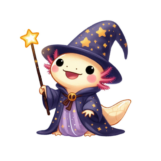cute axolotl, cartoon character, wizard costume, purple robe, starry pattern, magic wand, pointed hat, kawaii style, pink gills, golden stars, navy blue, whimsical design, fantasy theme, fabric panel, quilting cotton, adorable animal, mystical creature, children's fabric, craft panel, magical motif