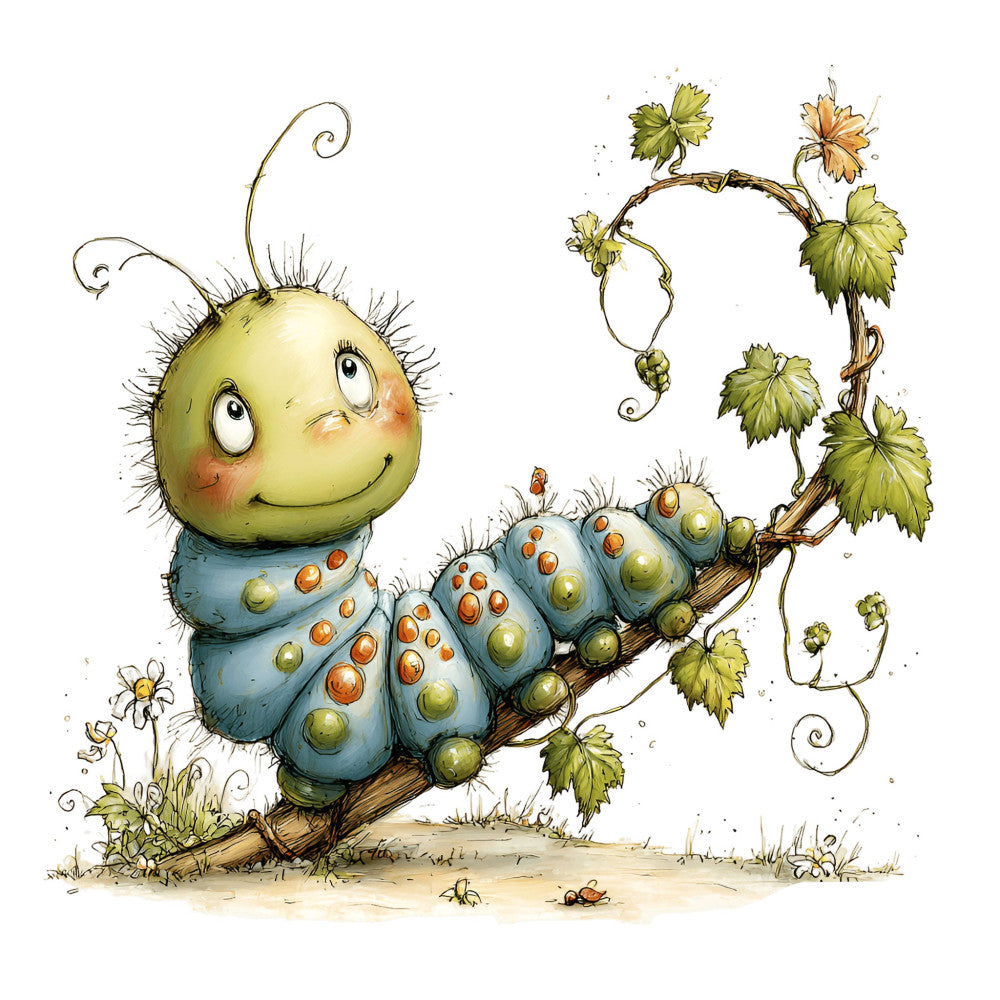 cute caterpillar, whimsical, children's, nature, insects, bugs, green, blue, yellow, orange, leaf green, sage blue, illustrated, storybook, garden theme, spring, summer, animal characters, friendly faces, botanical, hop plant, leaves, playful, kids fabric, nursery, baby quilt, wall hanging, cottage core, magical, adventure theme