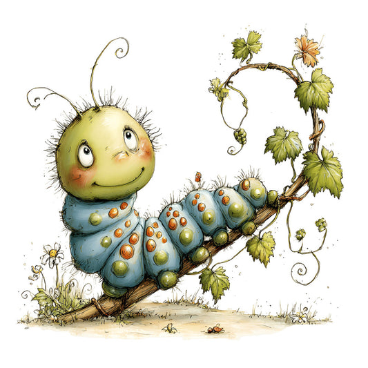 cute caterpillar, whimsical, children's, nature, insects, bugs, green, blue, yellow, orange, leaf green, sage blue, illustrated, storybook, garden theme, spring, summer, animal characters, friendly faces, botanical, hop plant, leaves, playful, kids fabric, nursery, baby quilt, wall hanging, cottage core, magical, adventure theme