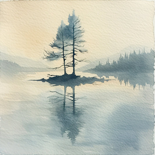 misty blue, teal, slate blue, forest green, watercolor, nature, landscape, lake, reflection, trees, minimalist, serene, calm, peaceful, abstract, modern, ink wash, contemplative, zen, evergreen forest, mountain lake, two trees, symmetrical, tranquil, cool tones, monochromatic, artistic, nature inspired, wall hanging, meditation