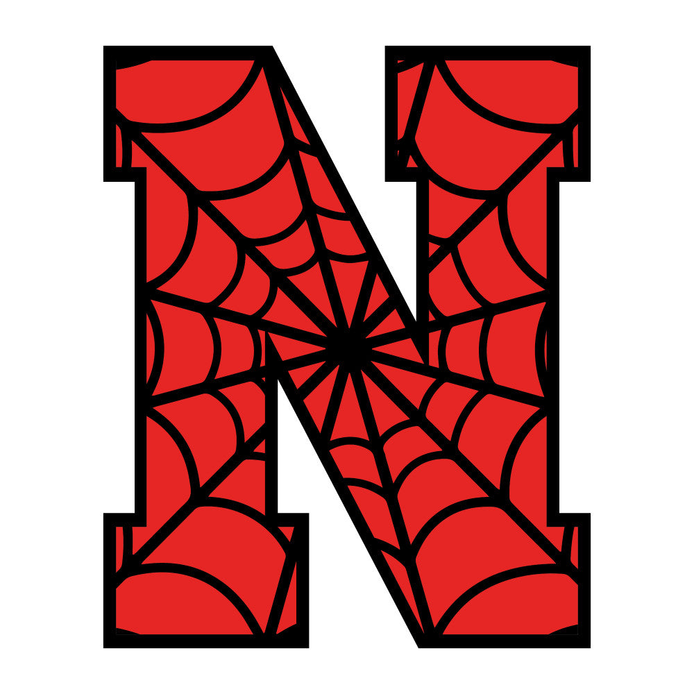 red, black, spider web, alphabet letter, letter n, geometric pattern, web pattern, fabric panel, quilting cotton, superhero theme, comic book style, radial design, concentric circles, bold lines, halloween motif, arachnid design, novelty fabric, craft material, sewing panel