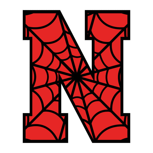 red, black, spider web, alphabet letter, letter n, geometric pattern, web pattern, fabric panel, quilting cotton, superhero theme, comic book style, radial design, concentric circles, bold lines, halloween motif, arachnid design, novelty fabric, craft material, sewing panel