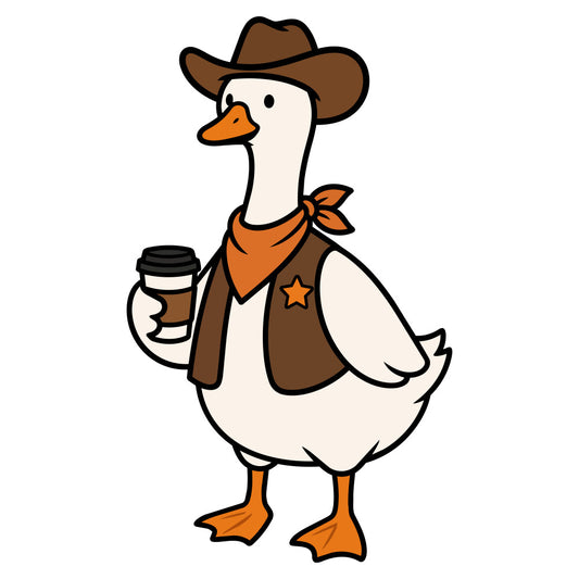cowboy duck, western, cream, brown, orange, rust, tan, animal, bird, whimsical, rustic, farmhouse, country, coffee cup, bandana, cowboy hat, star, cartoon, cute, playful, novelty, children, kids, folk art, vintage, retro, fun, humorous, anthropomorphic