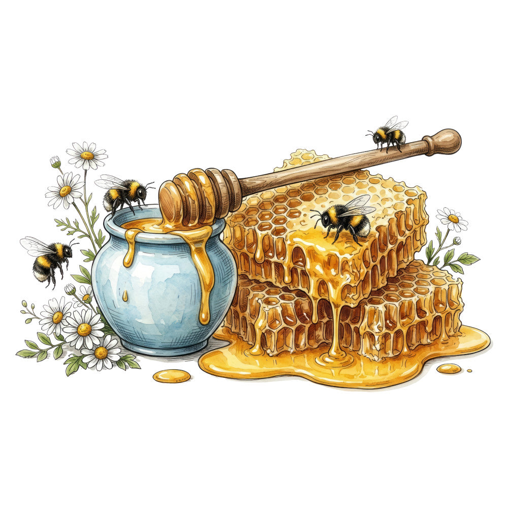 honey gold, golden yellow, sky blue, cream, white, daisy, floral, nature, bees, honeycomb, honey pot, botanical, spring, summer, whimsical, rustic, farmhouse, cottage core, vintage, sweet, kitchen, home decor, children, baby, nature lover, pollinators, insects, wildflowers, charming, illustrated