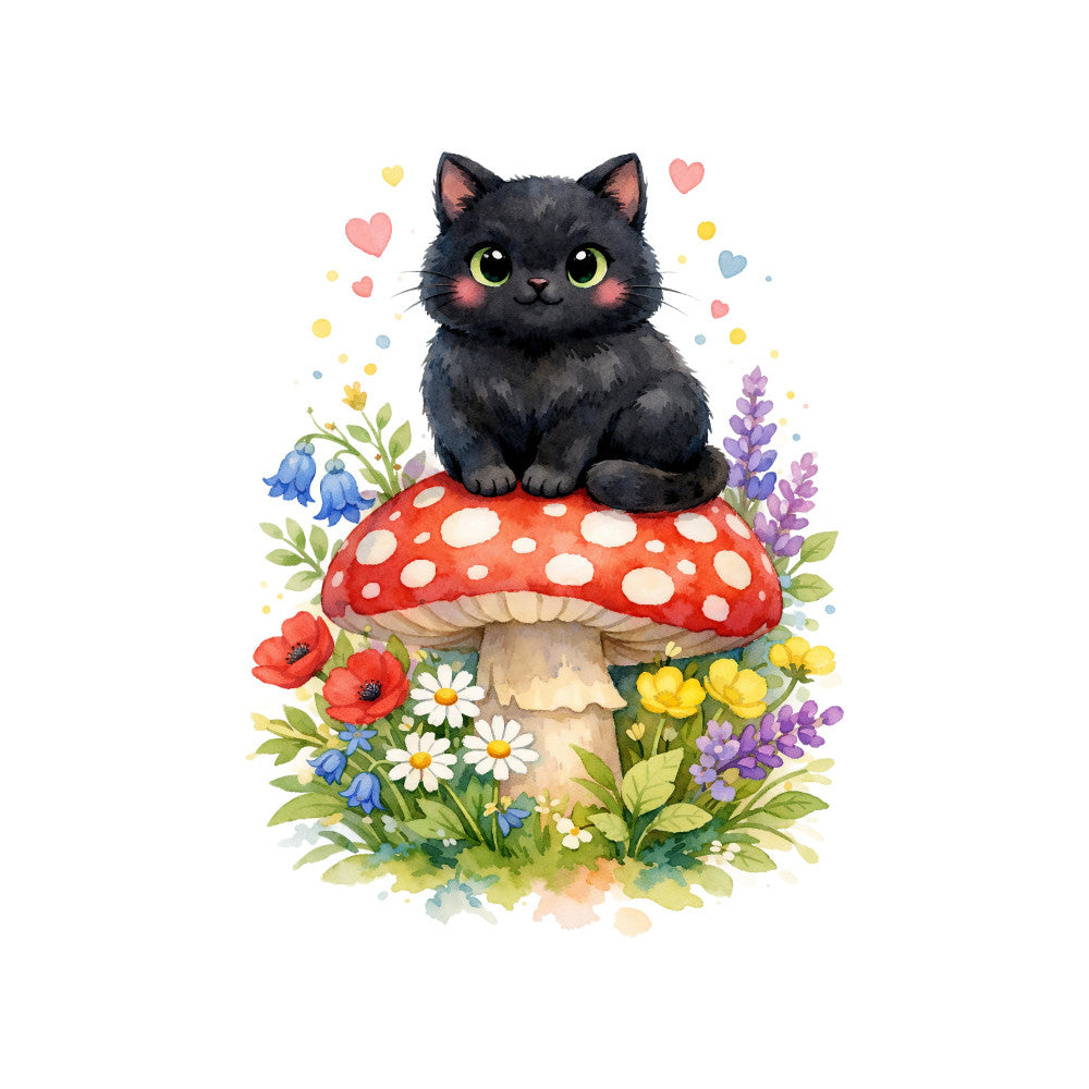 black cat, red mushroom, whimsical, fantasy, magical, cottagecore, nature, floral, wildflowers, spring, summer, adorable, cute, children's, nursery, poppies, daisies, lupine, hearts, colorful, watercolor, artistic, woodland, garden, enchanted, sweet, playful, pastels, animals