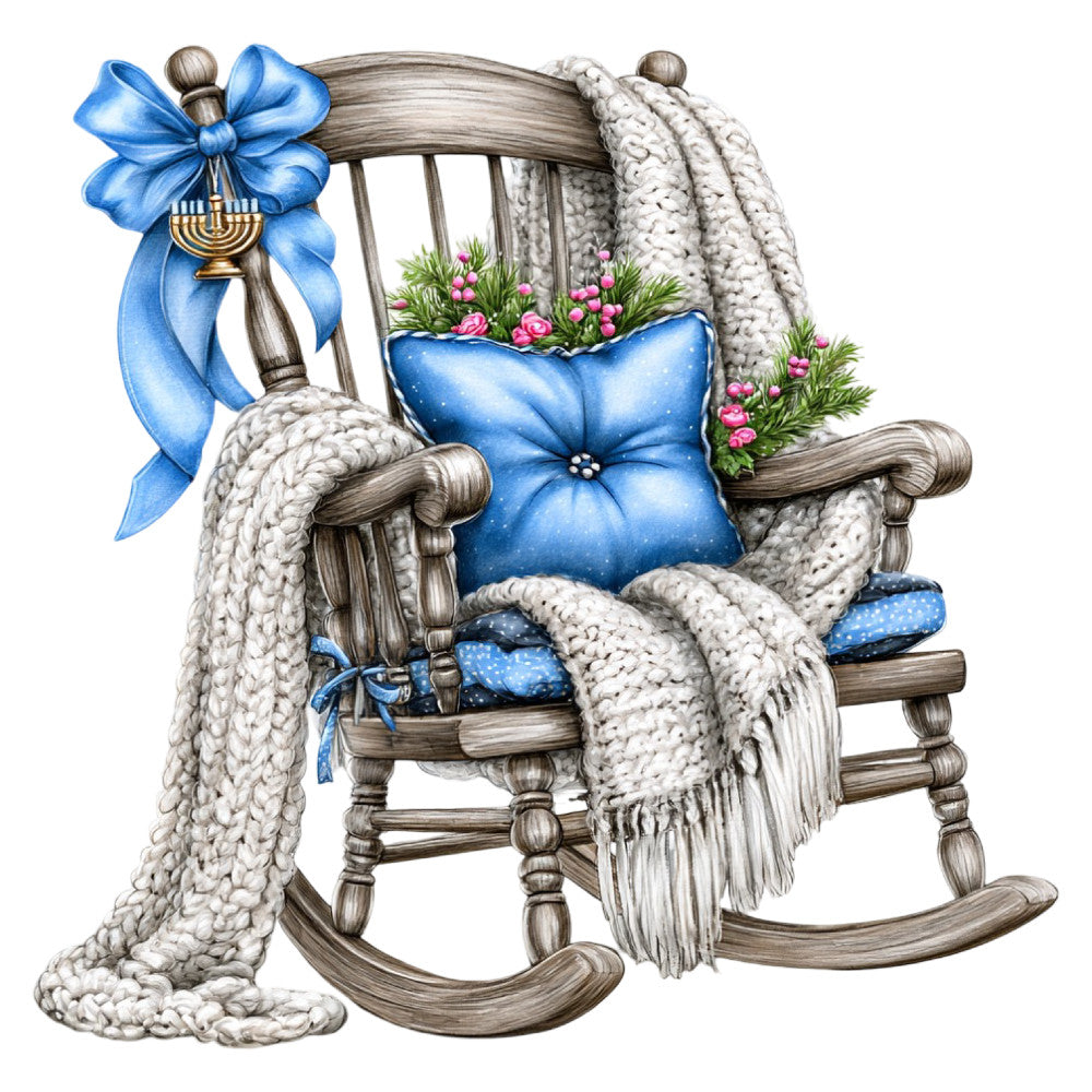 royal blue, cream, white, pink, sage green, gold, floral, vintage, whimsical, elegant, shabby chic, cottage core, rocking chair, knitted blankets, bows, menorah, flowers, spring, baby, nursery, traditional, romantic, decorative, chair illustration, home decor, botanical, cozy, heirloom, feminine