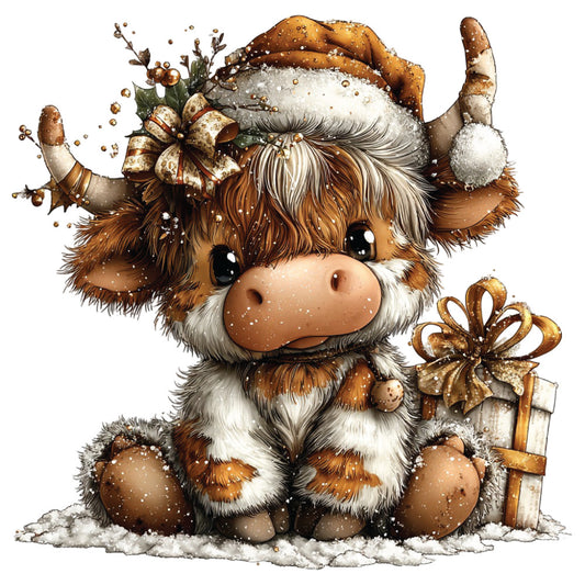 christmas highland cow, fabric panel, brown fur, white markings, festive hat, golden bow, gift box, snow effects, winter theme, cute cartoon style, quilting cotton, holiday crafting, adorable cow, seasonal panel, christmas decorations, warm browns, cream colors, gold accents, whimsical illustration, holiday sewing