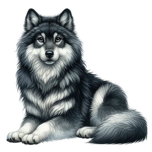 charcoal gray, black, white, cream, husky, malamute, wolf, dog portrait, canine, animal, wildlife, realistic, detailed, monochromatic, black and white, grayscale, elegant, traditional, nature-inspired, domestic animals, pet lover, dog breed, fur texture, artistic, illustration style, lifelike, contemporary, home decor, wall art