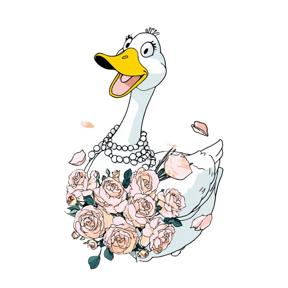 elegant goose, whimsical birds, blush pink roses, peachy roses, pearl white, yellow beak, floral design, spring florals, romantic theme, vintage style, animal motif, waterfowl, garden flowers, delicate petals, feminine design, wedding theme, sophisticated style, botanical elements, dress-up goose, pearl necklace, rose bouquet, pale pink, soft colors, nature-inspired, decorative birds, charming illustration, refined elegance, springtime, romantic florals, classic birds
