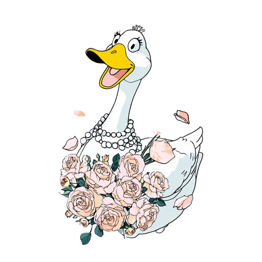 elegant goose, whimsical birds, blush pink roses, peachy roses, pearl white, yellow beak, floral design, spring florals, romantic theme, vintage style, animal motif, waterfowl, garden flowers, delicate petals, feminine design, wedding theme, sophisticated style, botanical elements, dress-up goose, pearl necklace, rose bouquet, pale pink, soft colors, nature-inspired, decorative birds, charming illustration, refined elegance, springtime, romantic florals, classic birds