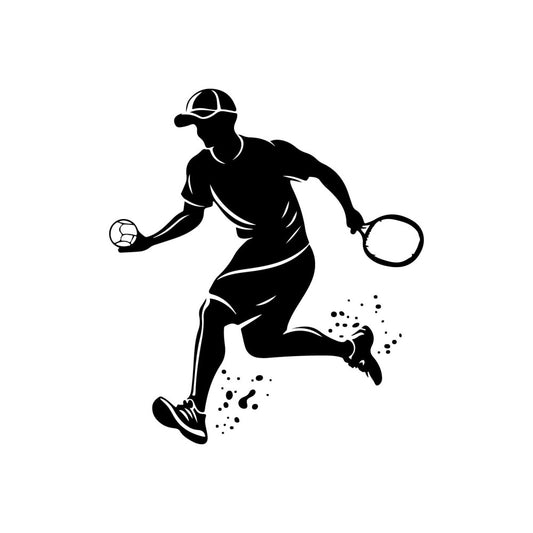 tennis, sports, athletic, silhouette, black and white, monochrome, movement, action, dynamic, player, racket, ball, sporty, active lifestyle, contemporary, modern, graphic, illustration, youth, recreation, fitness, game, court sport, trending, casual wear, apparel