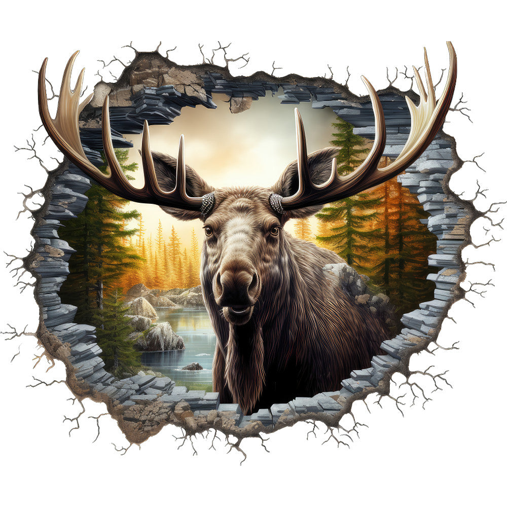 moose, antlers, wildlife, forest scene, breaking through, cracked wall, evergreen trees, lake, rocks, brown, tan, beige, green, golden yellow, sunset, wilderness, nature panel, fabric panel, quilting cotton, realistic art, outdoor scene, pine trees, water reflection