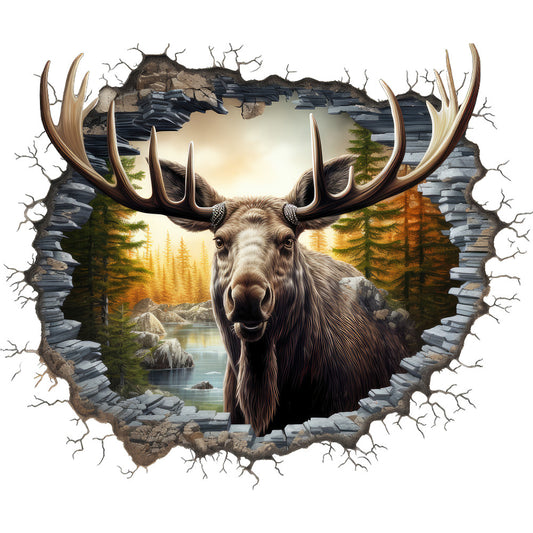 moose, antlers, wildlife, forest scene, breaking through, cracked wall, evergreen trees, lake, rocks, brown, tan, beige, green, golden yellow, sunset, wilderness, nature panel, fabric panel, quilting cotton, realistic art, outdoor scene, pine trees, water reflection