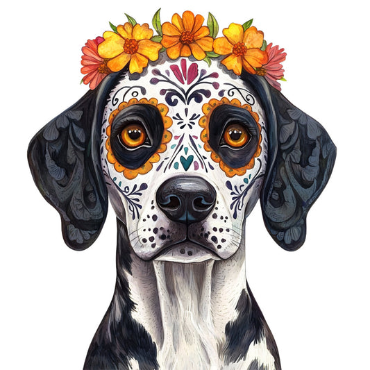 day of the dead, sugar skull, dog, beagle, black and white, orange, gold, yellow, coral, burgundy, purple, floral, flowers, marigold, folk art, whimsical, bohemian, festive, mexican, día de muertos, animal portrait, decorative, artistic, spiritual, celebration, colorful, botanical, ornamental, heart motif
