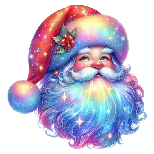 rainbow santa, holographic santa, galaxy santa, celestial santa, christmas holiday, festive, whimsical, magical, iridescent, multi-color gradient, ruby red, sapphire blue, amethyst purple, mint green, golden yellow, pastel rainbow, sparkly, glittery, stars, holly berries, santa claus, bearded santa, jolly, cheerful, dreamlike, fantasy, metallic shimmer, winter holiday, christmas panel, decorative