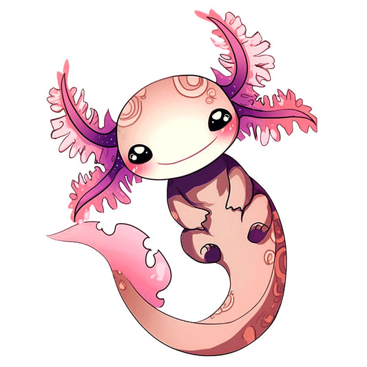 pink, purple, coral, peach, cartoon axolotl, cute animal, kawaii style, external gills, spotted pattern, aquatic creature, fabric panel, quilting cotton, amphibian, adorable character, pastel colors, whimsical design, children's fabric, craft material, sewing panel, marine life