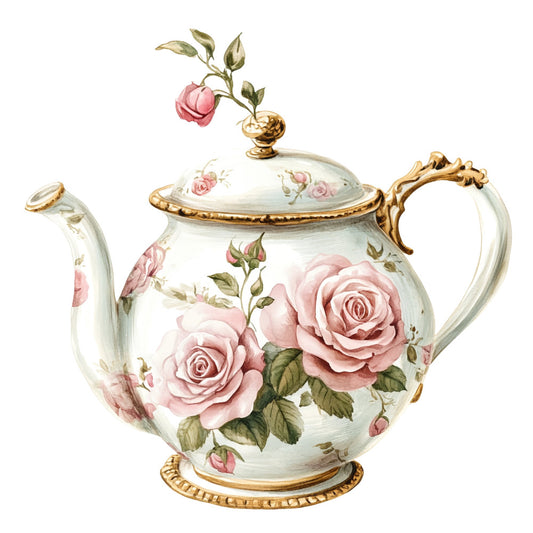 teapot, floral, roses, pink roses, dusty pink, cream, ivory, gold accents, vintage, elegant, botanical, garden, spring, summer, romantic, cottage core, traditional, ornate, decorative, nature-inspired, blush pink, pale green, leaves, buds, teacup, porcelain, shabby chic, classic, feminine, timeless