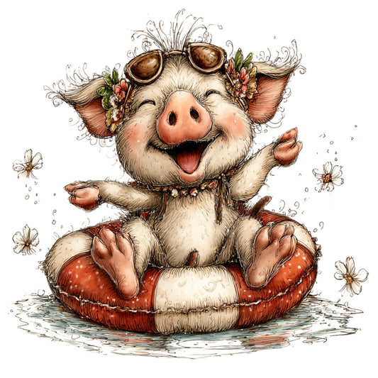 whimsical pig, adorable animals, summer, spring, cheerful, playful, cute pig, flower crown, florist pig, hot air balloon, water themed, coral pink, cream white, earthy tones, rustic farmhouse, countryside, nature animals, children's, baby quilt, novelty print, decorative panel, floral accents, daisy flowers, sunbathing pig, relaxation theme, fun illustrations, storybook style, boho whimsy, pastoral charm