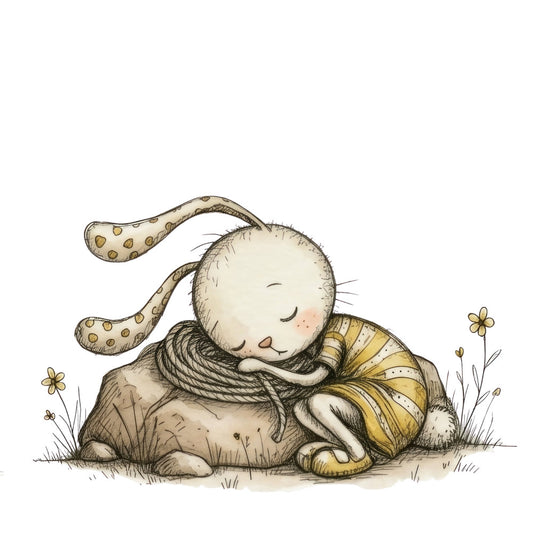 bunny, rabbit, cute animals, whimsical, children's fabric, nursery, baby, woodland creatures, illustrated, storybook, soft pastels, cream, tan, gold, brown, black ink details, floral accents, daisies, flowers, gentle, sweet, peaceful, sleeping bunny, cozy, soft illustration, spring, children's quilt, baby blanket, storybook illustration, vintage illustration style