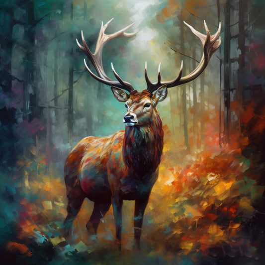 majestic deer, stag, antlers, woodland animals, nature, forest green, teal, burnt orange, golden yellow, warm colors, cool colors, abstract, artistic, watercolor, impressionist, autumn, fall, wildlife, elegant, mystical, ethereal, fantasy art, decorative panel, wall art, home decor, animal lover gift, nature inspired, richly colored, moody atmosphere