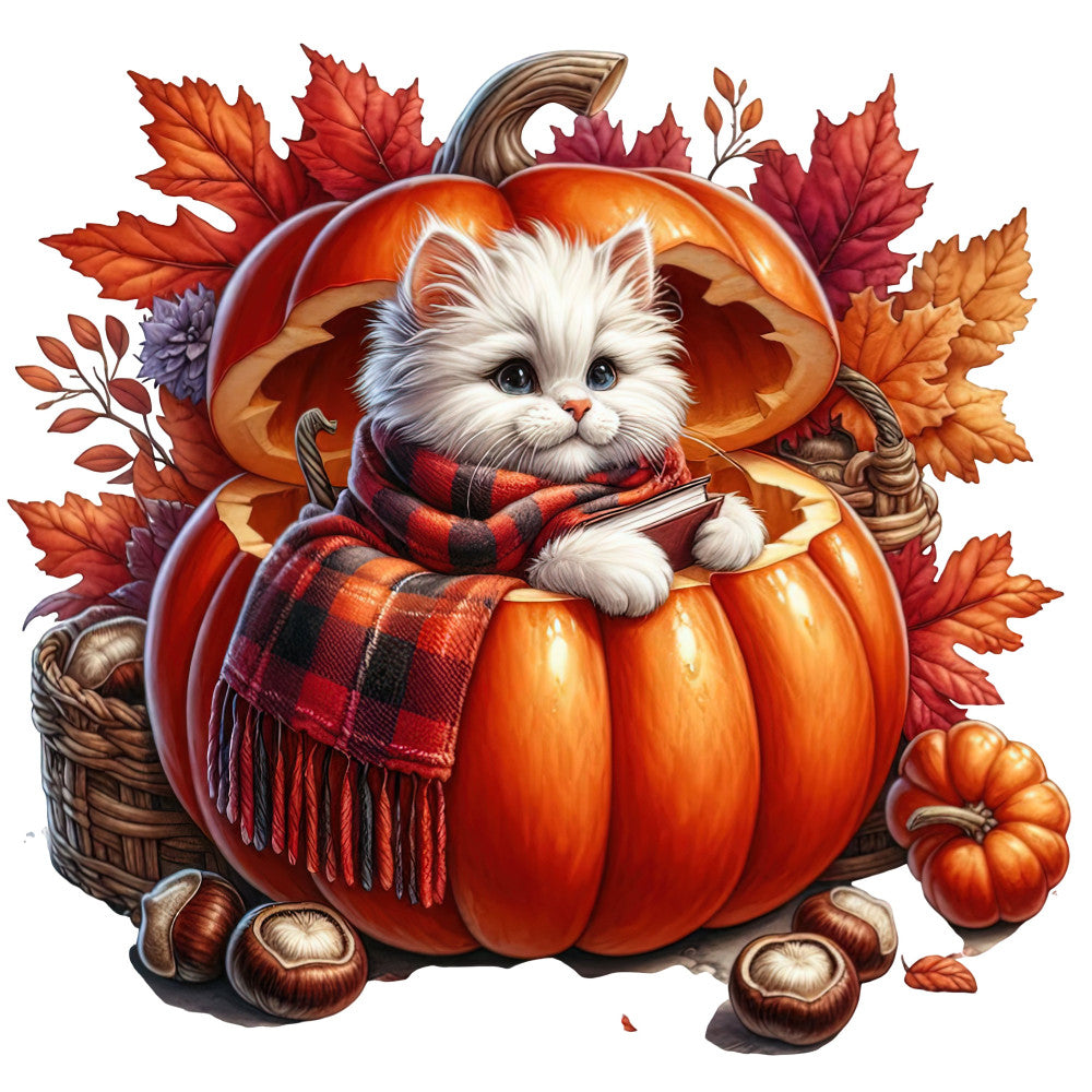 autumn, fall, pumpkin, cat, kitten, white cat, orange, rust, burgundy, deep red, cream, brown, plaid, plaid scarf, leaves, maple leaves, acorns, mushrooms, basket, cozy, whimsical, cute, seasonal, harvest, thanksgiving, autumn leaves, warm tones, flannel, checkered, woodland