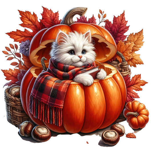 autumn, fall, pumpkin, cat, kitten, white cat, orange, rust, burgundy, deep red, cream, brown, plaid, plaid scarf, leaves, maple leaves, acorns, mushrooms, basket, cozy, whimsical, cute, seasonal, harvest, thanksgiving, autumn leaves, warm tones, flannel, checkered, woodland
