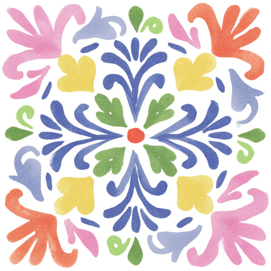 navy blue, coral pink, golden yellow, forest green, light blue, bright orange, pastel pink, vibrant colors, floral, geometric, symmetrical, folk art, traditional, whimsical, bohemian, heart motifs, leaf motifs, ornamental, decorative, spring, summer, bright and cheerful, multicolor, scrollwork, damask-inspired, vintage, classic design, quilting cotton, home decor, all-over pattern