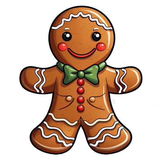 Cute Christmas Gingerbread Man Fabric Panel 7 featuring a smiling gingerbread cookie with icing details and a green bow tie on quilting cotton.