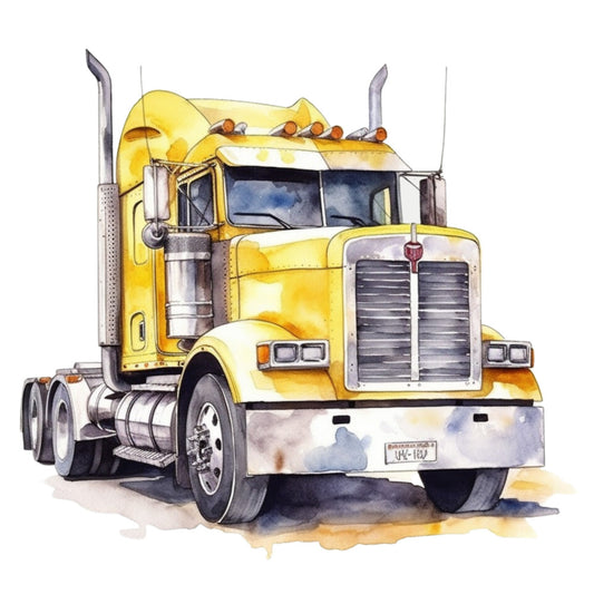 watercolor, semi truck, yellow, blue, gray, orange, transportation, vehicle, trucker, highway, masculine, automotive, fabric panel, quilting cotton, realistic art, big rig, eighteen wheeler, chrome details, exhaust stacks, windshield